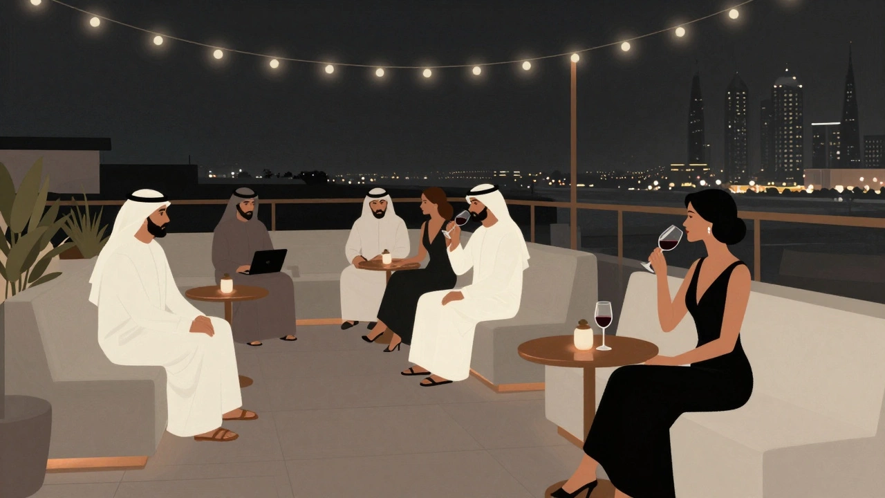 A quiet rooftop lounge in Dubai with elegantly dressed patrons conversing under soft lights, city skyline shimmering in the distance.