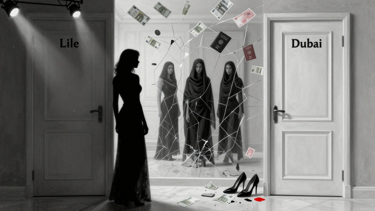 A silhouette between two worlds—Lille and Dubai—with shattered reflections showing different lives.