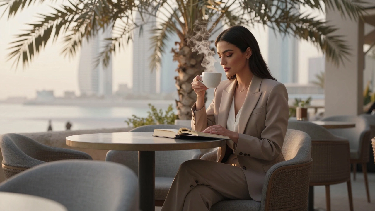 A woman sits alone at a dawn café in Jumeirah, sipping coffee beside an open book, golden light filtering through palm trees.