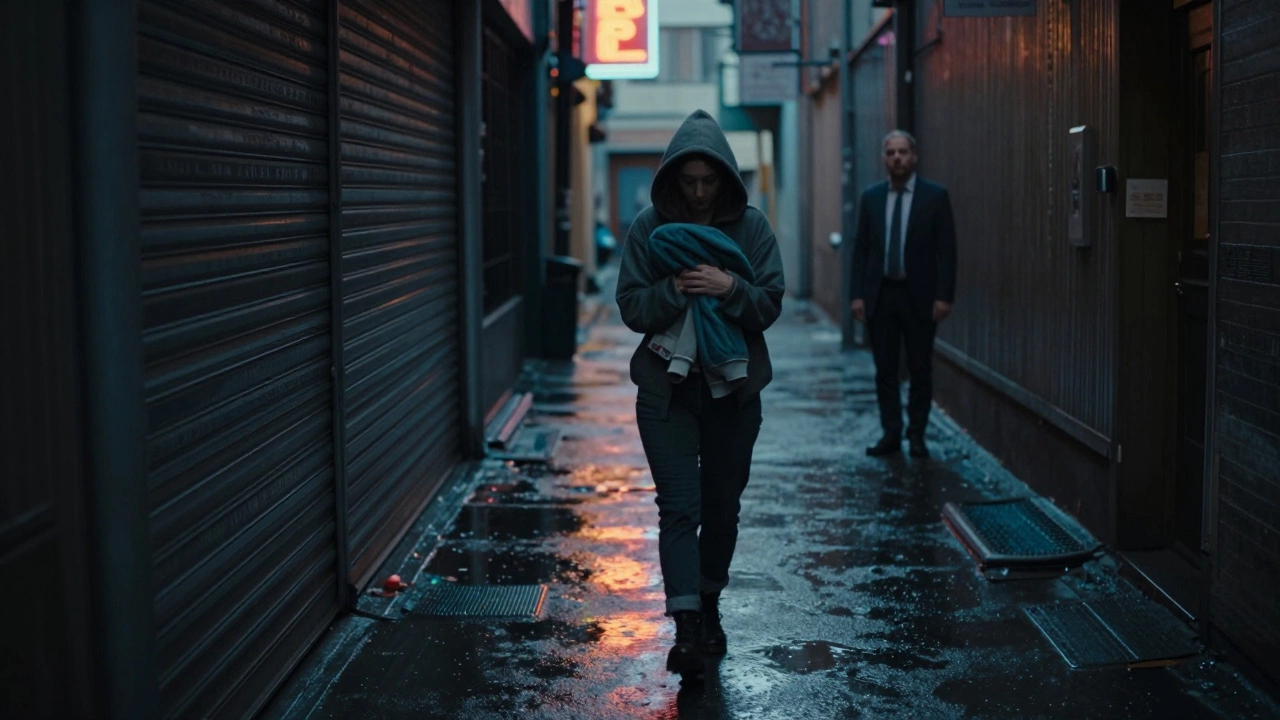 A woman walking alone down a rainy alley behind a closed nightclub, hood up, isolated in the night.